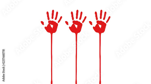 Three red hand prints with dripping paint lines isolated on a clean white background