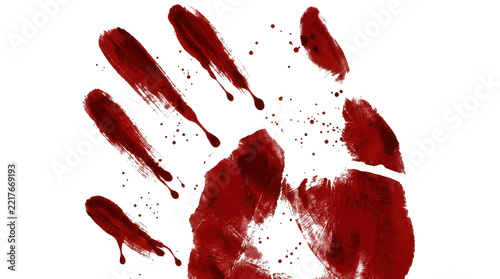 Red bloody hand print on white background