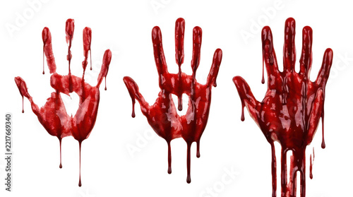 Three scary red bloody hand prints with dripping liquid isolated on a white background for horror themes and halloween design elements