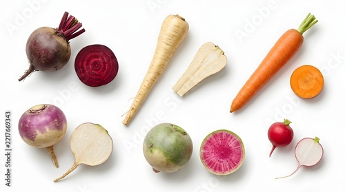 A beautifully arranged flat lay displays a colorful collection of root vegetables like beets carrots parsnips and brussels sprouts ideal for wholesome winter cooking