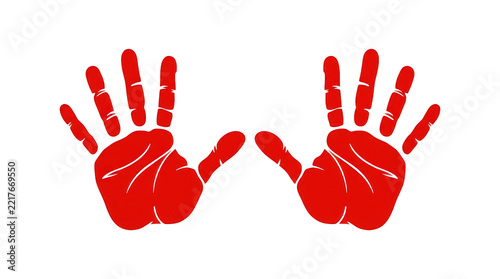 Two bright red hand prints isolated on a white background for design and art projects