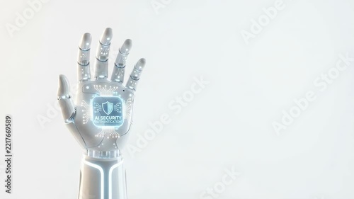 Robot hand artificial intelligence ethical stop gesture with cybersecurity authentication interface, symbolizing safe technology and responsible