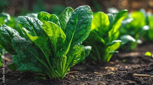 Vibrant green spinach leaves grow abundantly in rich dark soil, representing healthy food and sustainable agriculture practices