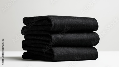 Three pairs of black denim jeans are stacked in a neat manner on a white background, showcasing their premium quality and texture.