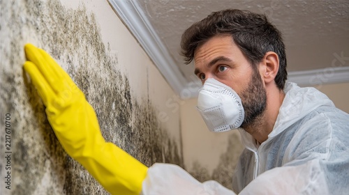 Man wearing protective gear cleaning mold from a damp wall, representing home maintenance and remediation concept for insurance purposes