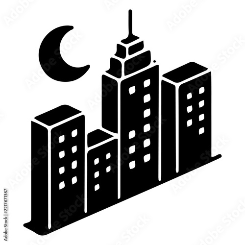 3D Isometric Building Illustration with Modern City Architecture, Skyscrapers, Urban Development and Night Skyline