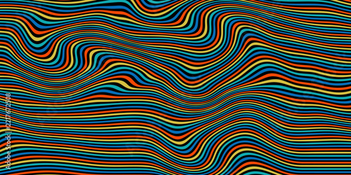 Distorted Wavy Striped Background with Hypnotic Optical Illusion and Colorful Geometric Lines in Black