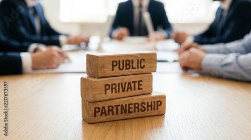 Wooden blocks spelling public private partnership with blurred business meeting