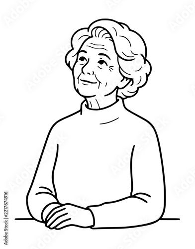 Thoughtful Elderly Woman Line Art SVG