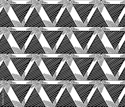 A monochrome seamless vector illustration featuring geometric zigzag lines and striped triangles.