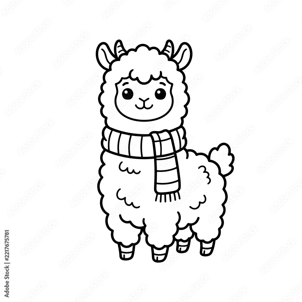 Fototapeta premium Cute Little Alpaca Wearing a Scarf Line Art Illustration