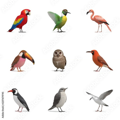 Collection of 10 distinct bird species in photorealistic 3D minimal style isolated on white background