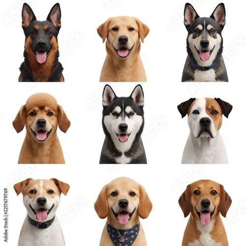 Set of 10 distinct dog breeds in photorealistic 3D minimal style isolated on white background