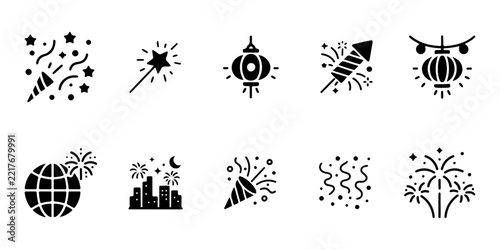 Global Midnight Fireworks Celebration Icon Collection with Fireworks, World Globe, New Year, Night Sky and Festive Symbols