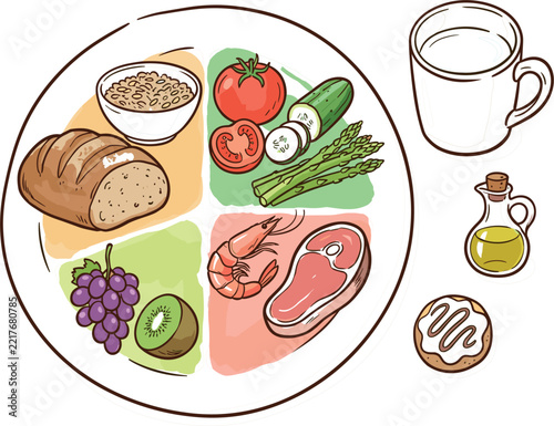 Healthy Balanced Eating Plate Concept With Food Groups Grains Vegetables Protein Fruits Milk And Olive Oil Vector Illustration