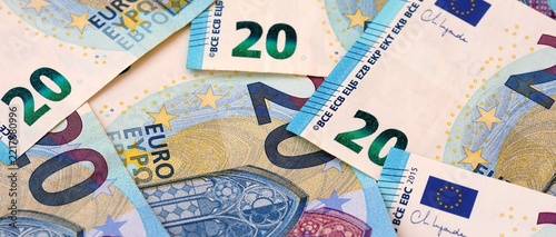Close Up Of Twenty Euro Banknotes Scattered Background