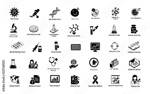 HIV Research and Medical Science Icon Collection with Laboratory Testing, Virology, Healthcare, Diagnosis and AIDS Research