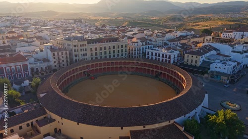 Aerial view of the eighteenth century bullring of Ronda with its tiered arcades, Spain.