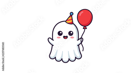 Cute cartoon ghost holding a red balloon wearing a party hat in vector illustration graphic design