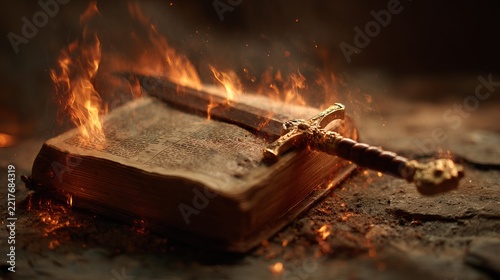 Ancient tome resting upon a rough stone surface engulfed in vibrant fiery illumination, concept representing power and historical knowledge