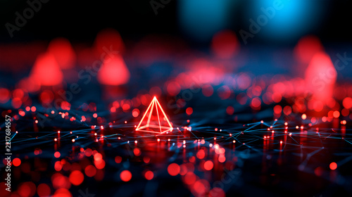 Abstract digital network visualization showing red warning alert signals spreading across connected nodes and data points on dark tech background
