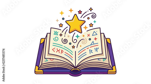 Colorful magic book vector illustration featuring open pages with glowing stars and mystical symbols inside