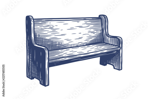 Vintage wooden church pew bench for traditional interior. Hand drawn antique wood seating engraving isolated on white background