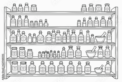 Vintage apothecary shelves with medicine bottles and jars. Traditional pharmacy storage cabinet line art isolated on white background