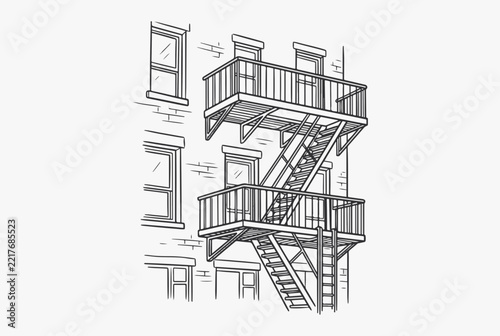 Urban fire escape stairs on brick apartment building facade. Vintage exterior metal stairway and window architecture line art illustration