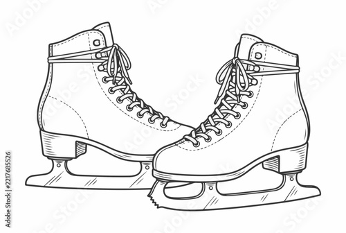 Pair of vintage ice skates with laced boots and blades. Classic winter sports figure skating footwear line art isolated on white background