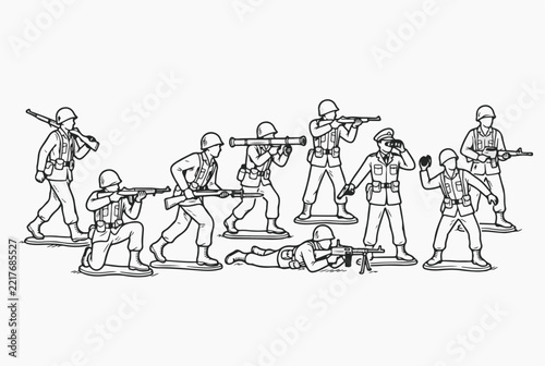 Toy army men figures line art illustration. Vintage plastic soldier miniature figurines in combat poses. Retro military miniatures isolated on white background