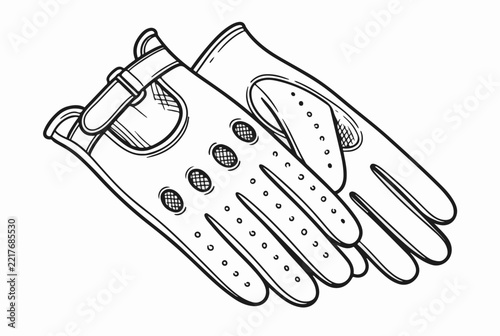 Vintage leather driving gloves pair for classic motoring. Hand drawn retro automotive driver accessory line art isolated on white background