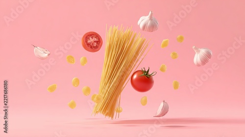 Spaghetti pasta with fresh tomatoes and garlic cloves playfully floating against a soft pink background, perfect concept for Italian cooking