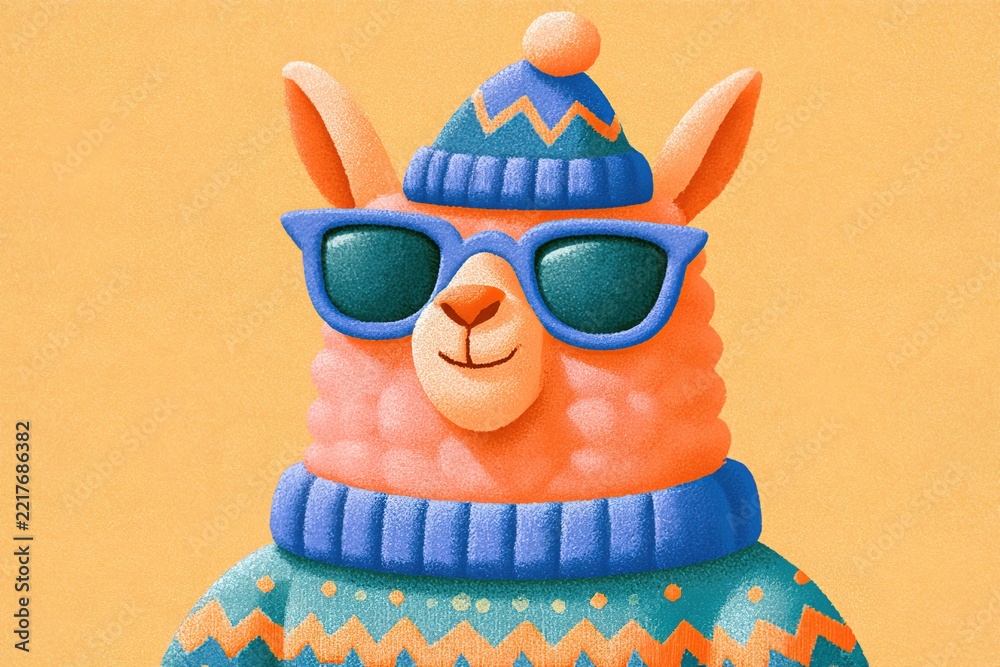 Fototapeta premium Llama wearing sunglasses and winter outfit in bright background