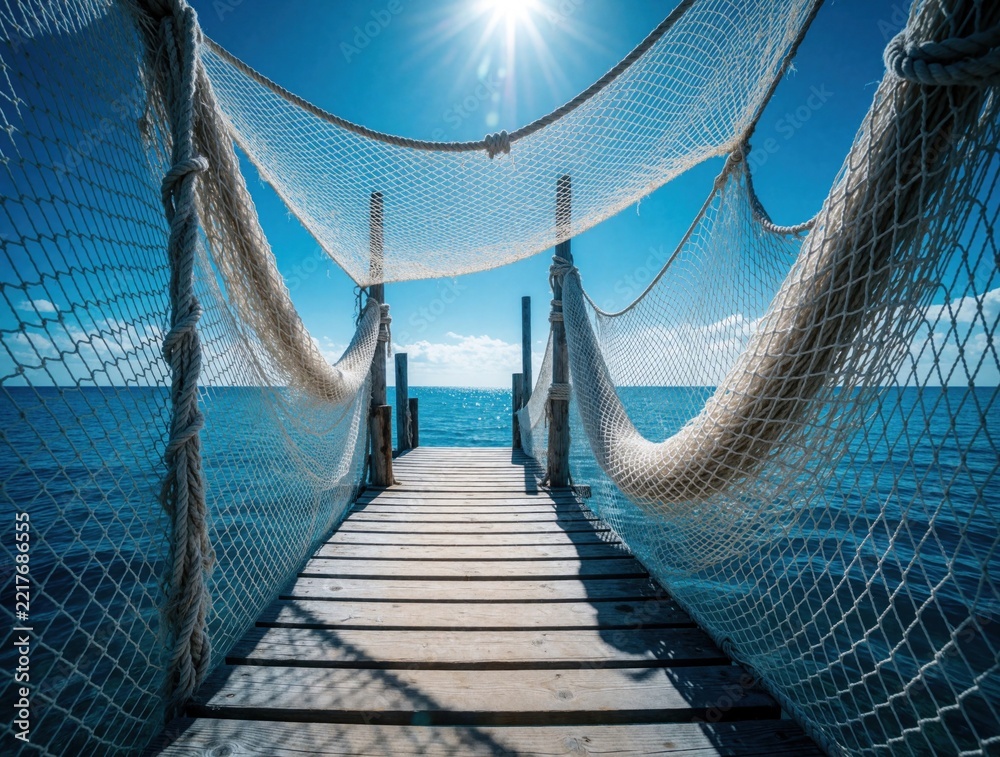 Naklejka premium Wooden pier with rope netting leads to calm blue ocean. Sunny day with bright sky, sea horizon. Relaxing summer vacation scene featuring maritime structure, fishing nets on seaside dock. Peaceful