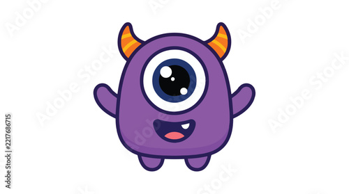 Cute purple vector monster illustration with single big eye and horns for children graphic design project