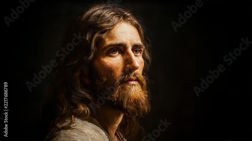 Gentle expression upon a man's face, long brown hair and beard, thoughtful gaze, religious concept, spiritual portrait