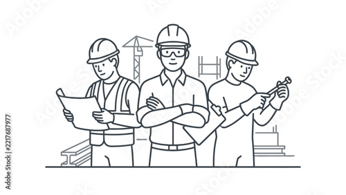 Professional Construction Team with Hard Hats and Blueprints