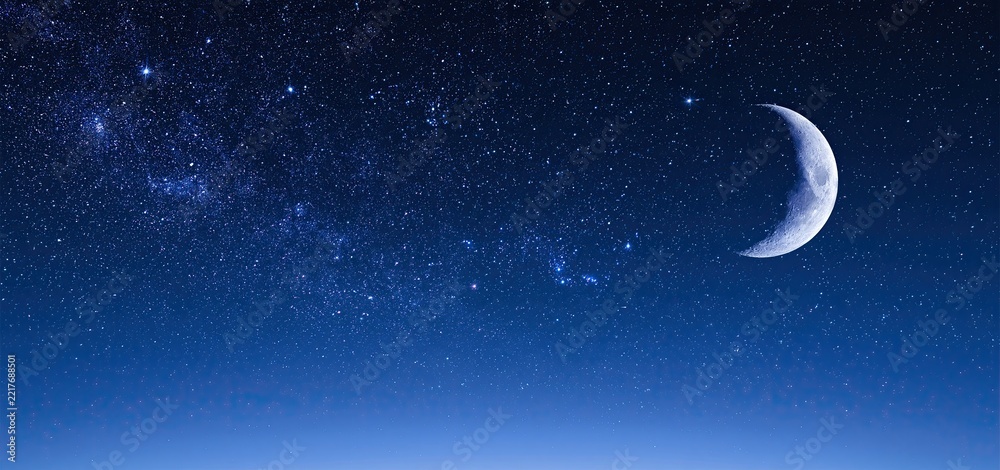 Fototapeta premium Silver crescent moon and sparkling constellations glow against a tranquil twilight sky, with ample negative space for nighttime promotions.