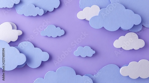 Cut paper clouds float gently above a soft lavender background, representing a whimsical concept for dreamy designs
