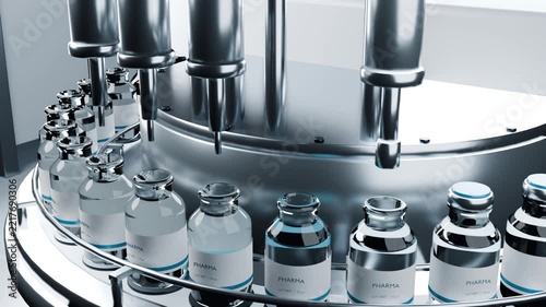 Vaccine ampules bottles development Machine puts bottle caps Pharmaceutical mass production line manufacturing row bg able to loop endless 4k