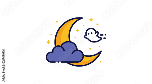 Cute ghost flying near yellow crescent moon and blue cloud in night sky vector graphic illustration design