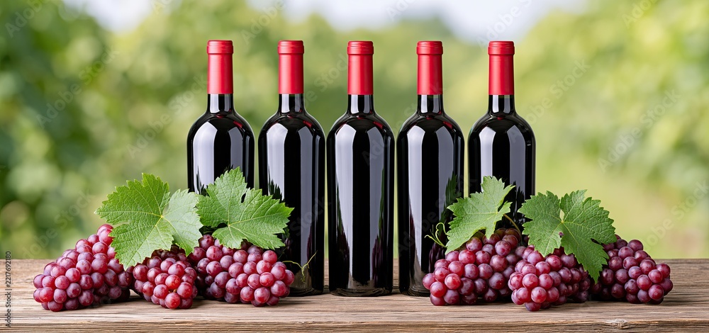 Fototapeta premium Premium Croatian wine bottles arranged with grapevine decorations on a rustic wooden surface in a summer vineyard setting.