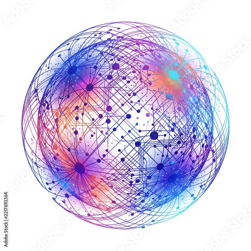 Abstract Global Neural Network Sphere with Colorful Digital Connections