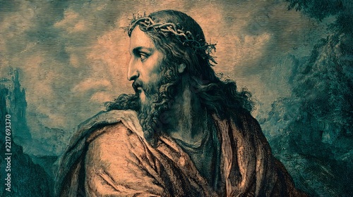 Jesus Christ, crown of thorns, pensive expression, contemplating suffering, dramatic light, religious concept for faith and sacrifice
