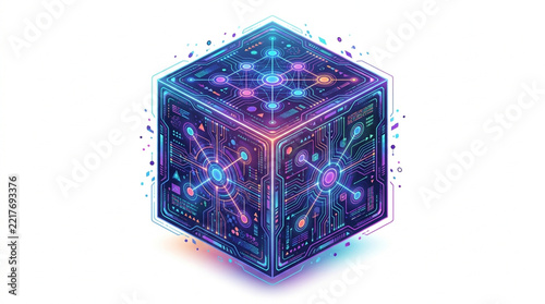 Glowing Futuristic Quantum Technology Cube with Digital Circuit Network