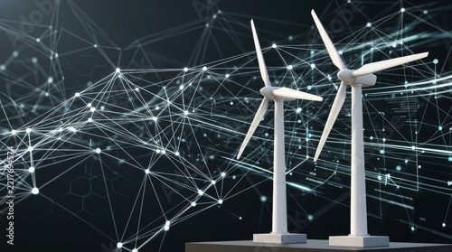Smart Wind Power Infrastructure with Connected Turbines, Digital Grid Technology and Rural Mountain Landscape. Generative AI