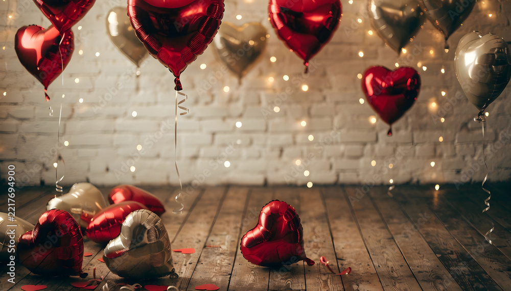 Obraz premium Romantic Valentine party room with heart shaped balloons. Love celebration and anniversary surprise concept. Red and gold helium balloons floating over a rustic wooden floor with bokeh
