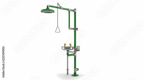 Industrial emergency eye wash and safety shower station for chemical hazard protection 3d rendering