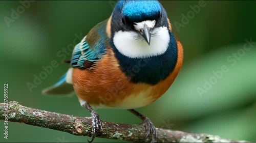 A colorful blue and orange bird perches on a branch, looking around against a blurred green background.